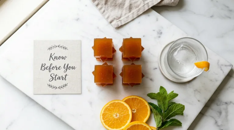 Gelatin side effects guide — Dr Gupta gelatin squares on white marble with water glass and orange slices