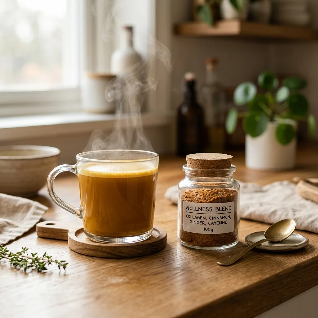 Peptides for weight loss drink served warm with a jar of pre-mixed collagen and spices on a kitchen counter