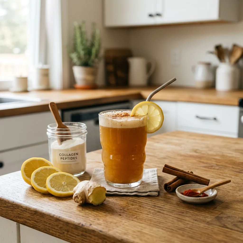 Collagen peptides drink with lemon and spices alongside a jar of high-quality collagen powder on a kitchen counter