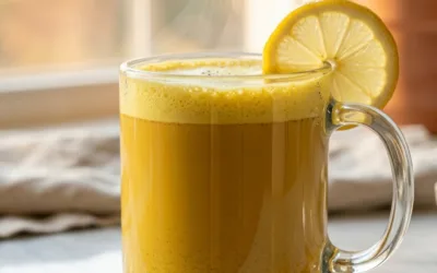 Peptides for weight loss recipe collagen drink in a clear glass mug with lemon and cinnamon on white marble