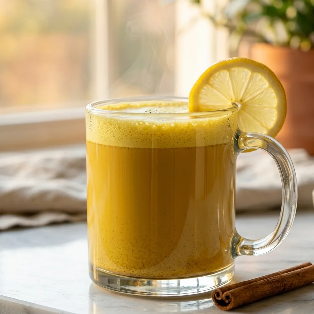 Peptides for weight loss recipe collagen drink in a clear glass mug with lemon and cinnamon on white marble